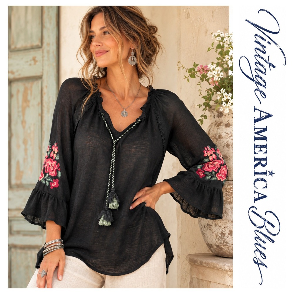 Vintage America Blues Valerie Black Embroidered Floral Tassels Boho Top M